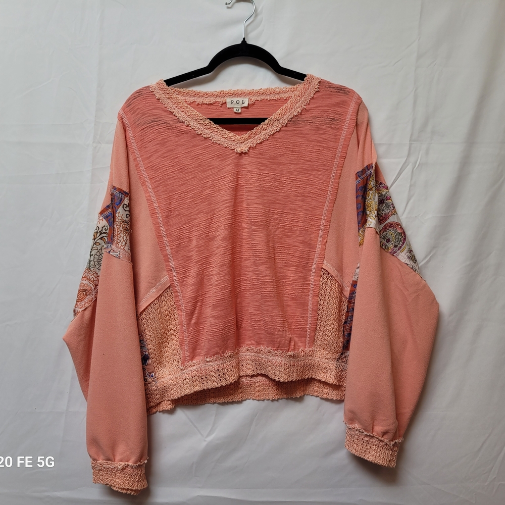 POL Coral Textured V-Neck Top with Crochet Trim OS